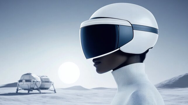 Futuristic Explorer in High-Tech Helmet Observing Lunar Base on Alien Landscape