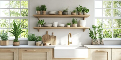Modern kitchen interior featuring open shelving, a farmhouse sink, and a neutral palette