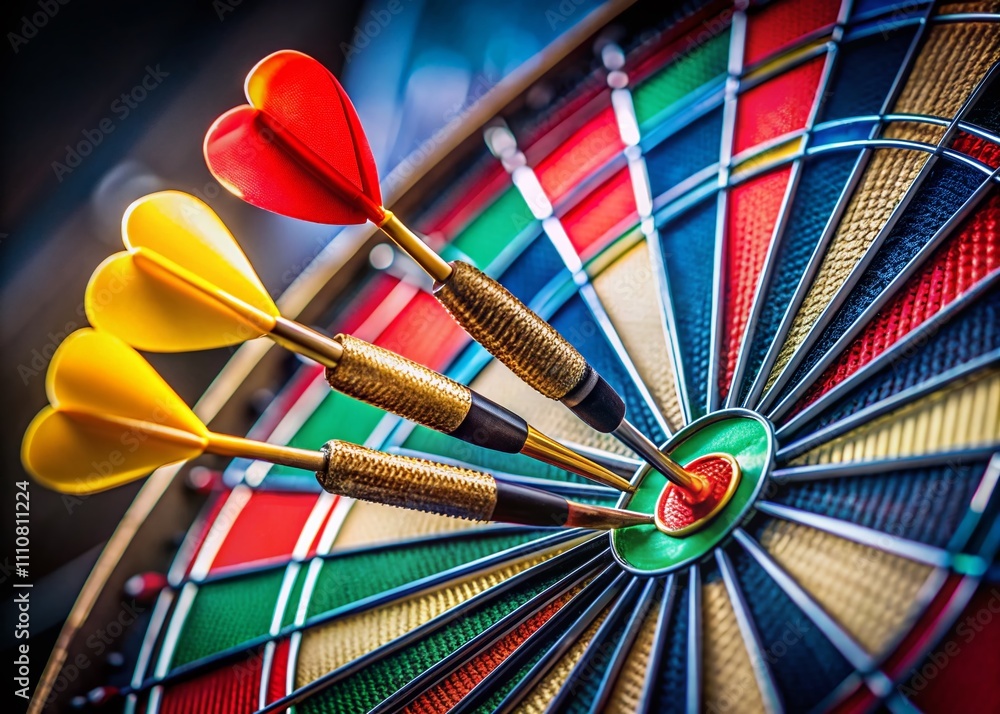 Poster target audience concept in macro photography: close-up of a dartboard with colorful darts highlighti