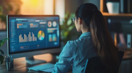 Focused Businesswoman Analyzing Data on Computer Screen at Night