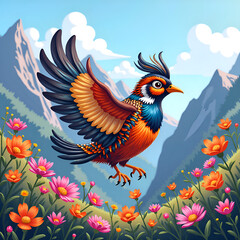 Fototapeta premium A vibrant bird in full flight above a colorful meadow with majestic mountains in the background, digital art of fantasy concept.