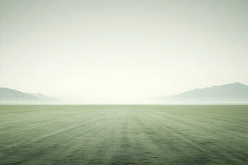 Flat, expansive desert landscape with distant mountains shrouded in haze.