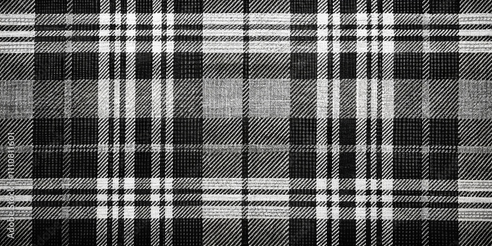 Aufkleber textured black and white checked tartan fabric background with rule of thirds composition for elegan