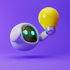 Cute robot reaching for a light bulb isolated over purple background. Technology concept. 3d rendering.