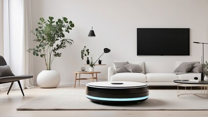 Minimalist living room with an AI-powered robotic vacuum, an ultra-thin smart TV, and monochrome decor.