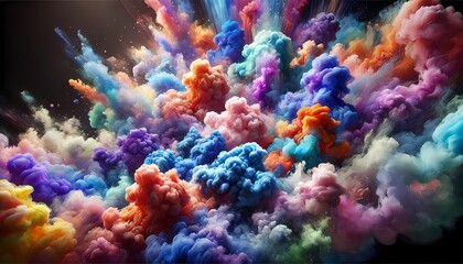 Fototapeta premium A vibrant and artistic scene featuring colorful smoke clouds in various shades such as blue, pink, orange, purple, and green, swirling and blending