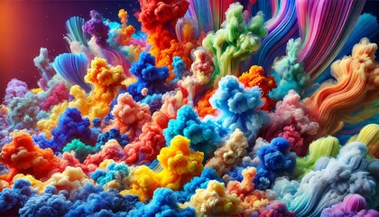 A vibrant and colorful abstract image featuring thick, swirling clouds of smoke in a variety of bright colors such as red, blue, green, purple