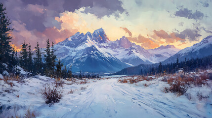  A snowy trail leading to a majestic mountain range in the distance (2)