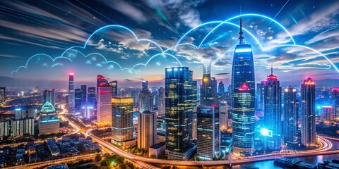 Obraz premium The Future of Connectivity: Long Exposure Imagery Showcasing Cloud Innovation and Digital Transformation in a High-Tech Environment