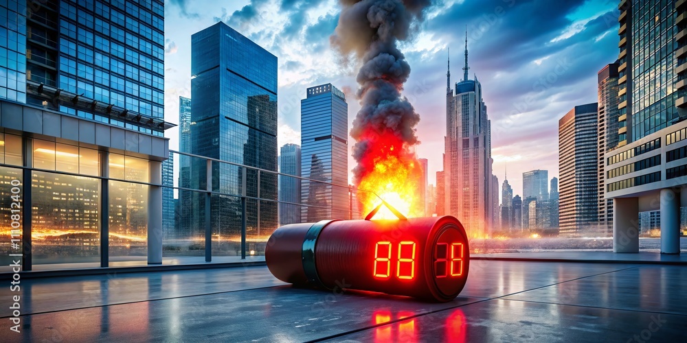 Poster ticking bomb with red digital display in an urban architectural setting, showcasing tension and mode