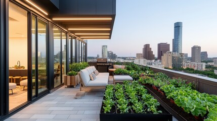 Fototapeta premium A modern balcony garden with lush greenery, stylish seating, and a city skyline backdrop at dusk, showcasing urban living and nature.