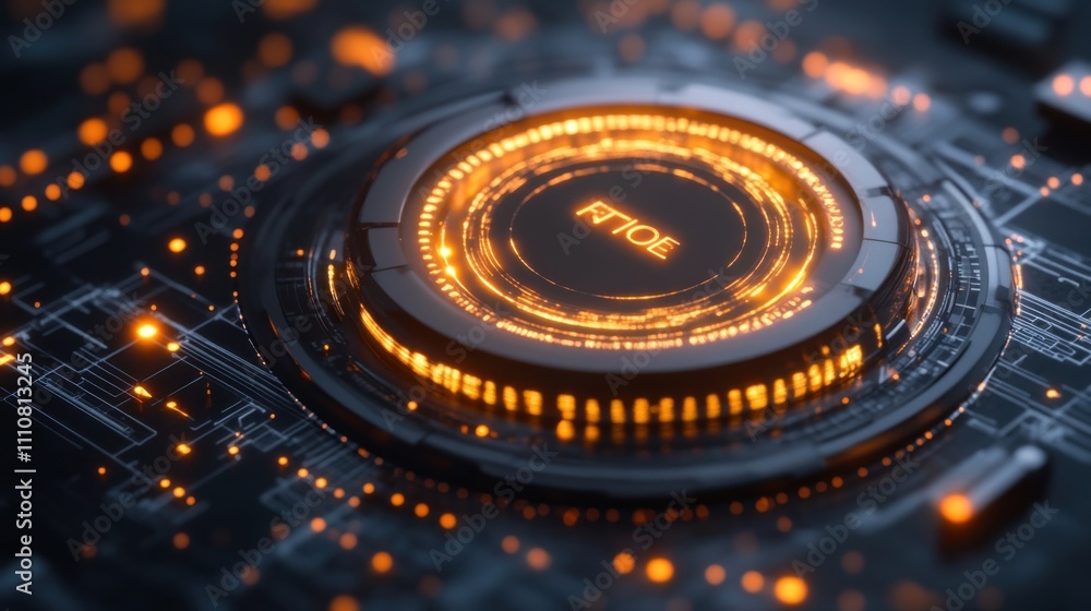 Poster futuristic digital circuit with glowing orange elements and patterns