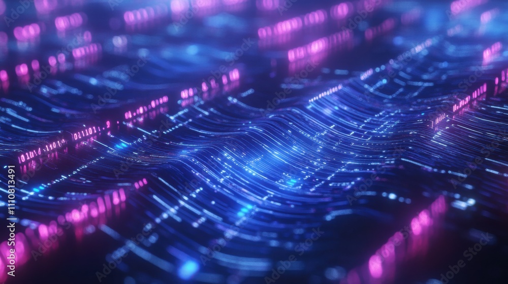 Poster vibrant digital waves with glowing binary data flowing through space