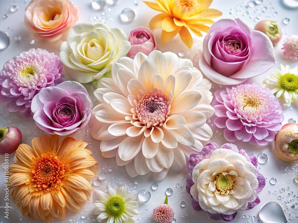Poster top view close-up of various flowers on a white background with soft blur effect and water drops, cr