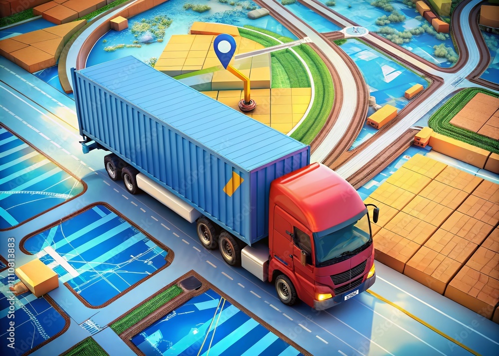 Poster top view of a container truck with gps tracking pin moving on a detailed map, capturing the intersec
