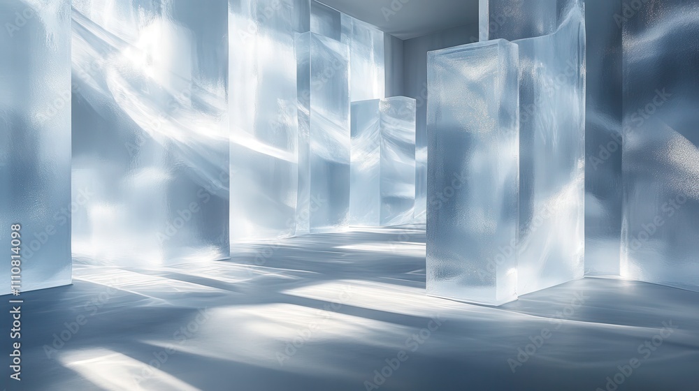 Poster ethereal ice room with translucent ice blocks and soft light effects creating a dreamlike atmosphere