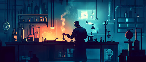 Scientist Conducting Experiment in Vintage Laboratory Setting
