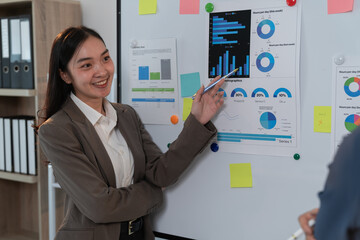 Businesswoman leads a dynamic office meeting, pointing at charts on a whiteboard, discussing marketing and sales strategies with her team