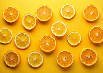 Top View of Vibrant Fresh Orange Slices on a Bright Yellow Background, Perfect for Minimalist Food Photography and Citrus-Themed Banners for Fruit Lovers