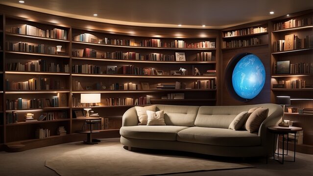 Reading nook featuring digital library projections and automated lighting adjustments.