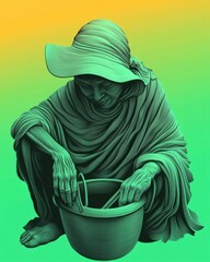 Obraz premium Elderly Woman in Green Cloak Engaged in Thoughtful Basket Weaving