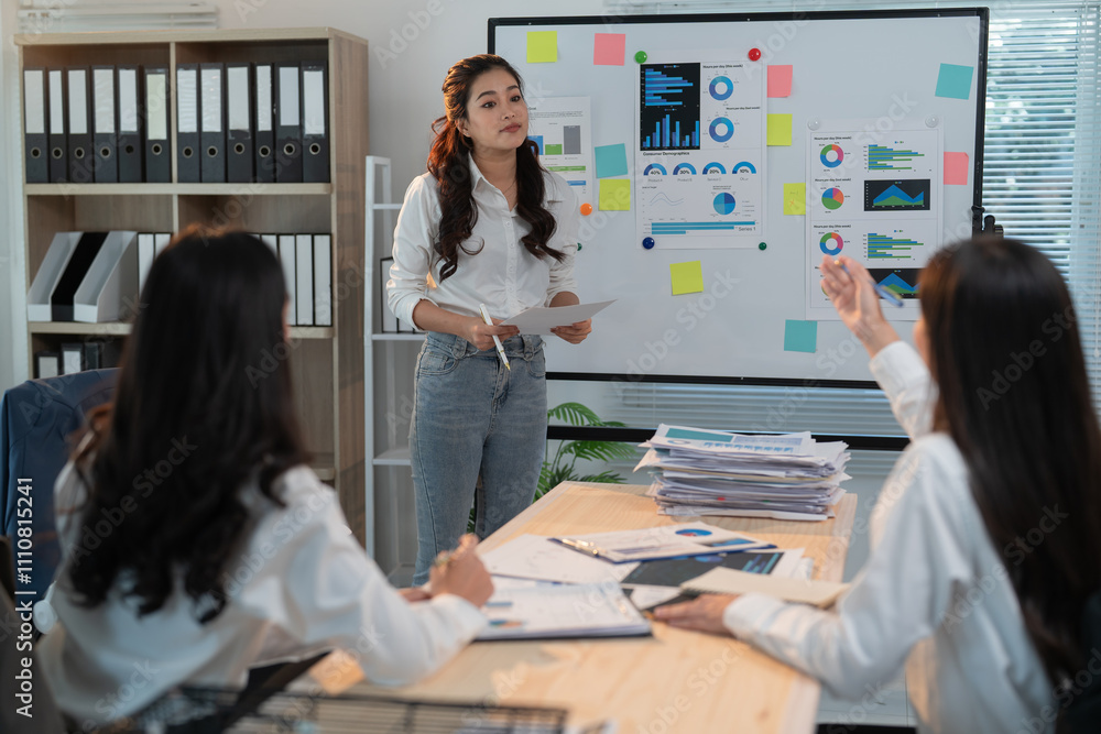 Poster businesswomen working together analyzing financial charts and spreadsheets using data visualization 
