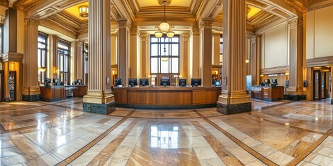 Traditional bank interior with marble floors, large columns, and teller stations