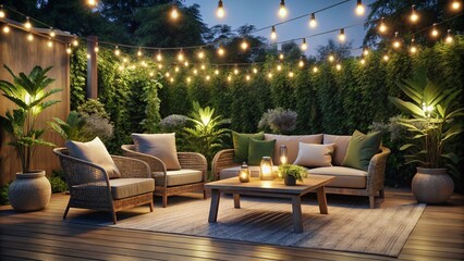 Obraz premium Tranquil Night Patio Scene with Simple Furniture and Twinkling String Lights Surrounded by Lush Greenery for a Relaxing Outdoor Ambiance