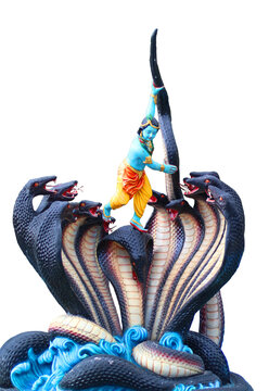 A vibrant sculpture of Lord Krishna subduing the serpent Kaliya, showcasing the divine tale of Krishna dancing on the multi-headed snake, surrounded by dynamic waves and vivid details.
