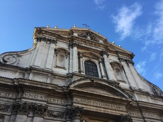 Historical church facade under blue sky