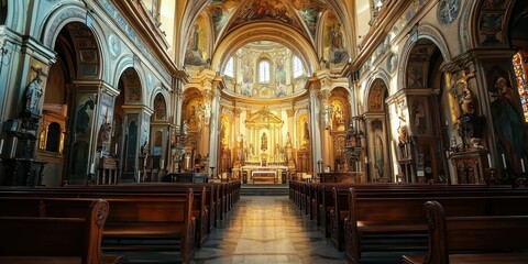 Obraz premium Traditional church interior featuring ornate architecture and religious symbols