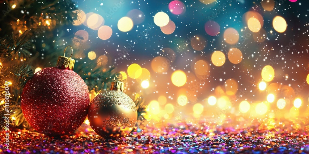 Poster brightly colored new yearâ€™s background with confetti and lights