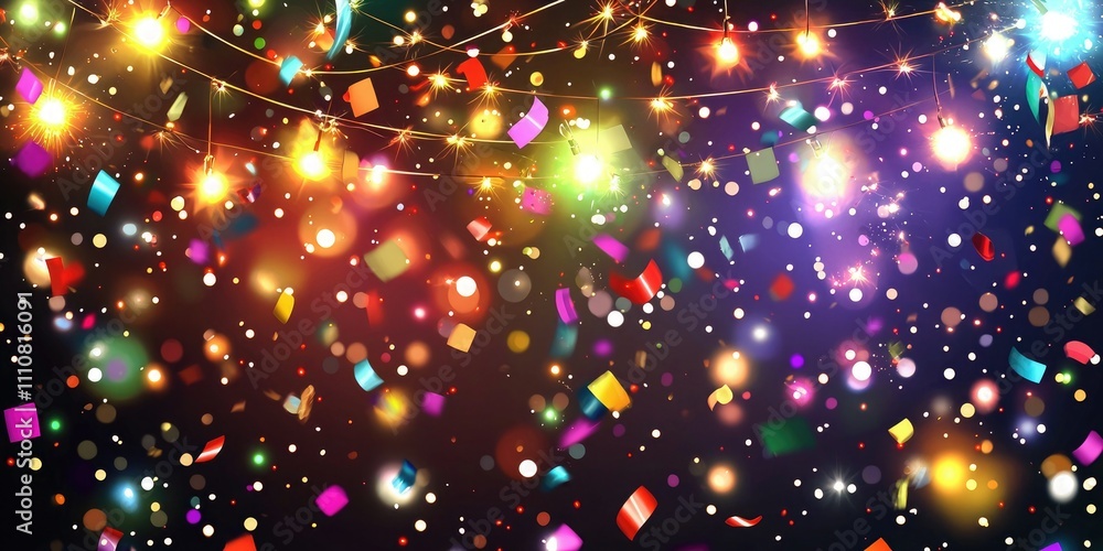 Poster brightly colored new yearâ€™s background with confetti and lights