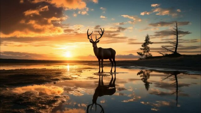 Reindeer walking on the beach at sunset and reflections in the water