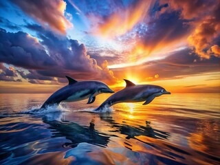 Fototapeta premium Two Dolphins Swimming Gracefully Under a Vibrant Sunset Sky Creating a Stunning Scene of Nature’s Beauty and Serenity in the Ocean Waters