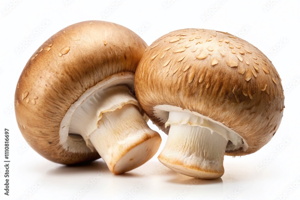 Poster two fresh champignon mushrooms in various positions isolated on a white background perfectly compose