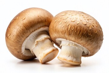Fototapeta premium Two Fresh Champignon Mushrooms in Various Positions Isolated on a White Background Perfectly Composed Using the Rule of Thirds for a Visual Recipe or Culinary Inspiration