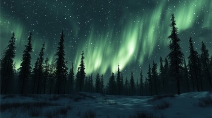 Fototapeta premium A magical winter scene featuring a forest blanketed in snow and illuminated by the ethereal northern lights.