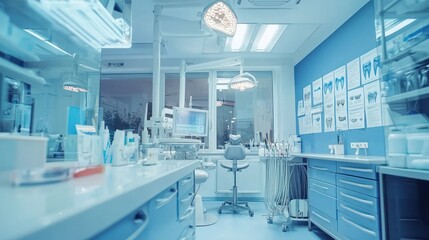 A bright dental laboratory with charts and diagrams of dental anatomy on the walls