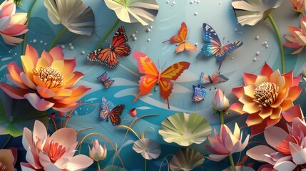 Naklejka premium Amazing 3D origami paper art scene of bright butterflies with colorful flowers