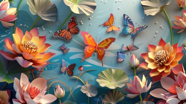 Amazing 3D origami paper art scene of bright butterflies with colorful flowers