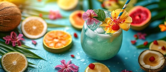 A refreshing blue cocktail garnished with a flower, coconut, and fruits.