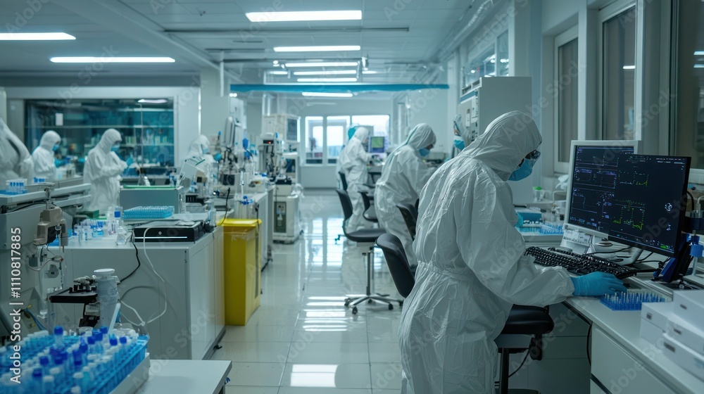 Poster a busy covid-19 laboratory with technicians processing samples and data