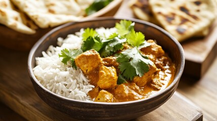 Photo of, A bowl of aromatic chicken curry served with basmati rice and naan bread, Curry in bowl
