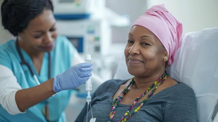 A cancer patient receiving chemotherapy in a clinic, with a nurse gently adjusting their IV drip