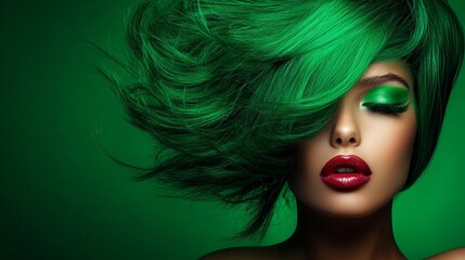 Woman with striking green hair and bold makeup, exuding confidence against a vivid green background.