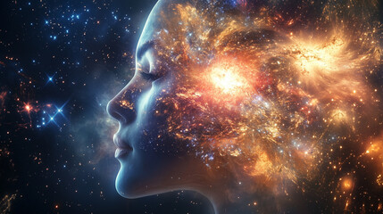 Portrait of a young woman close eye face with galaxy space inside head. Human inner peace, star light fire, life zen girl love. The universe inside us, the profile of a young woman and space