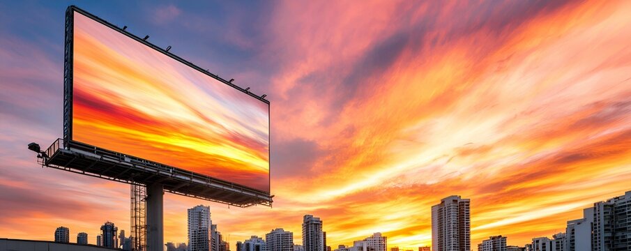 A vibrant sunset illuminates the skyline, with a large billboard prominently displaying colorful visuals against the stunning backdrop of clouds.