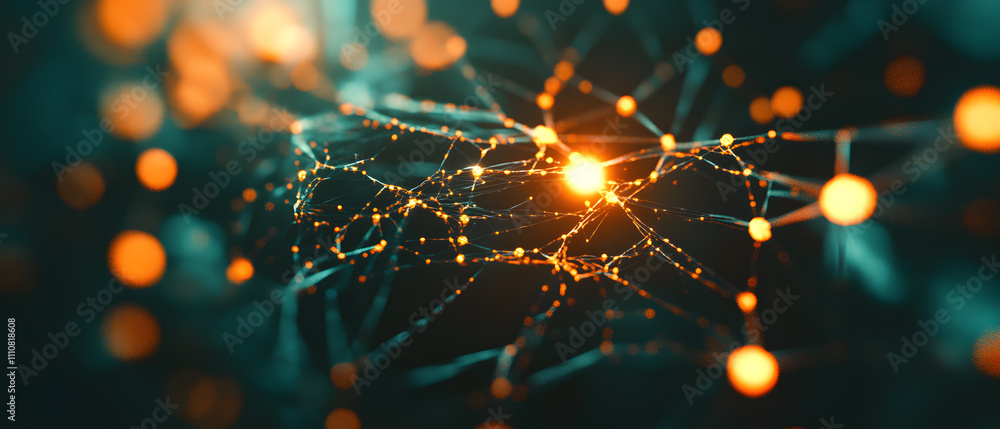 Poster abstract network connection: glowing nodes and lines in dark space