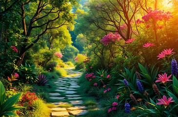 Art Deco Garden Path with Vibrant Flowers